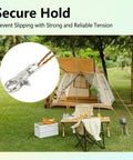 Heavy Duty Marine Grade Stainless Steel Trigger Snap Hooks, 2 Pack, shown securing a tent outdoors, lush green background