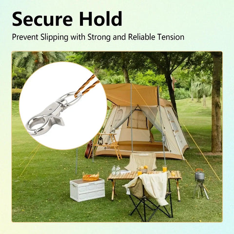 Heavy Duty Marine Grade Stainless Steel Trigger Snap Hooks, 2 Pack, shown securing a tent outdoors, lush green background