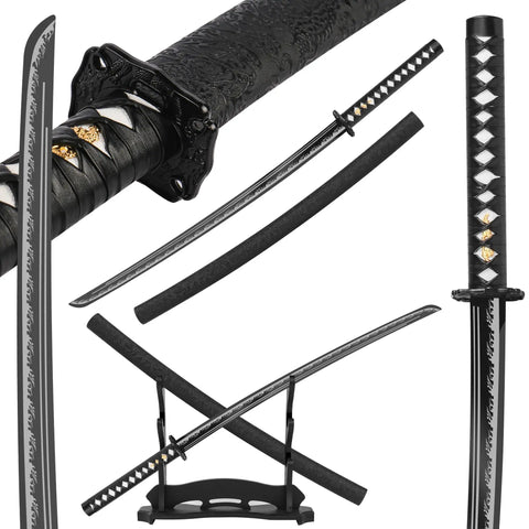 Hand Forged Steel Samurai Sword With Clay Tempered Blade Unsharpened Practice Katana showing blade and hilt details.