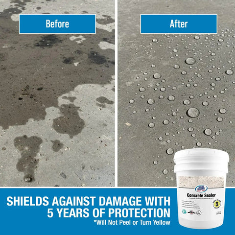 Before and after of concrete surface treated with Heavy Duty Concrete Sealer Five Gallon Ready Mix Invisible Shield.