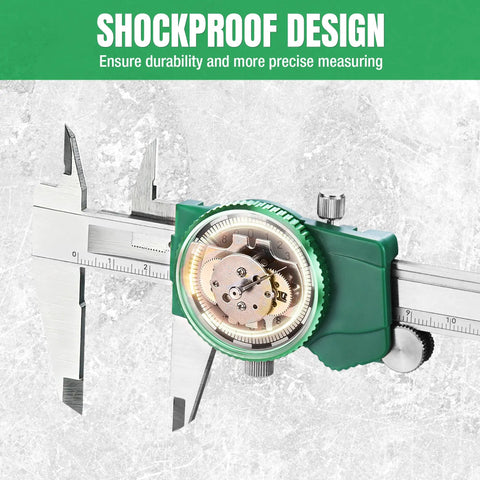 Dial Caliper 150mm Measuring Tool With Shockproof Design, stainless steel calipers featuring visible gear mechanism and dial.