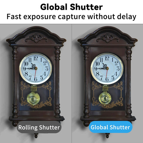 USB Global Shutter Camera Featuring 800P Monochrome Sensor, Ridiculously Smooth 120 To 640 Fps Ultra Slow Motion Video, Tight Snappy Framing For PC Systems And Labs clock comparison showing Global Shutter and Rolling Shutter.