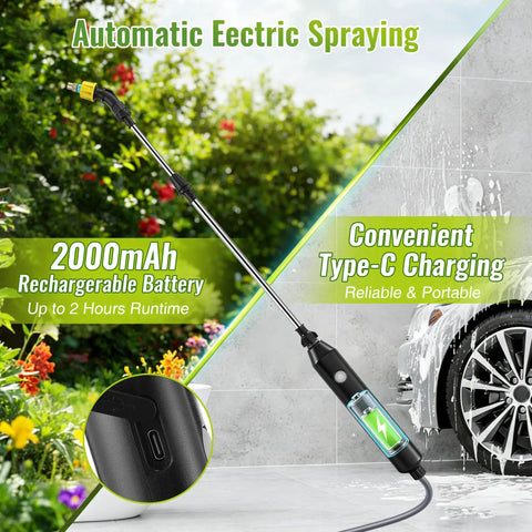 Battery Powered Sprayer Wand With 32 Ft Hose And 3 Adjustable Speeds For Easy Garden Watering and Car Cleaning