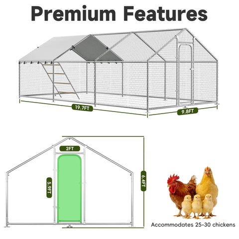 Heavy Duty Outdoor Metal Chicken Coop With Run and Waterproof UV Cover for Yard Walk In Poultry Cage dimensions and features.