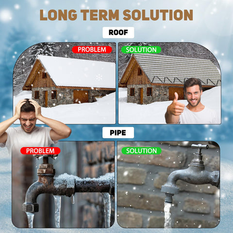Comparison image showing roof and pipe problems and solutions using Self Regulating Pre Assembled Heating Cable 125 Feet 120V.