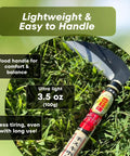 Japanese Weeding Sickle Kama For Fast Garden Cleanup with 4.7 inch serrated blade, 3.5 oz weight, and 11 inch wood handle in grass