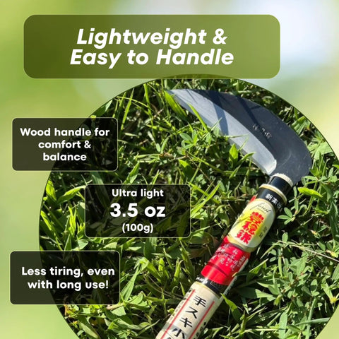 Japanese Weeding Sickle Kama For Fast Garden Cleanup with 4.7 inch serrated blade, 3.5 oz weight, and 11 inch wood handle in grass
