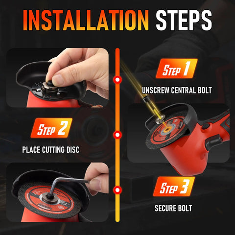Installation steps for Cordless 3 Inch Angle Grinder Kit With Dual 16.8V 2000mAh Batteries, including unscrewing and securing bolt.