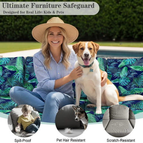 Woman with dog on outdoor sofa featuring 8 Pack Outdoor Cushion Covers Water Resistant High Stretch Fit For 20 To 27 Inch Patio Cushions