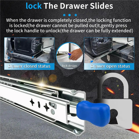Beefy Heavy Duty Drawer Slide With Lock In And Lock Out For 10 To 60 Inch Drawers, Three Fold Guide, Smooth Silent Operation, Rust Resistant Electroplated And Powder Coated Finish, Tough Steel Construction For Long Lasting Performance, lock handle detail