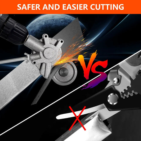 Heavy Duty Electric Drill Plate Cutter Nibbler Attachment For Sheet Metal Shearing, showcasing precision cutting vs traditional scissors.