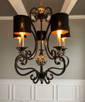Clip On Drum Lamp Shades Set Of 6 For Candle Bulbs Only Black Gold Small Chandelier Lampshades shown on ornate chandelier