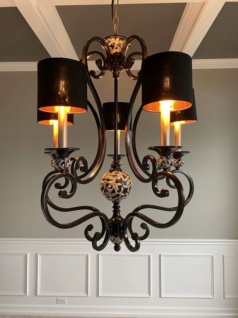 Clip On Drum Lamp Shades Set Of 6 For Candle Bulbs Only Black Gold Small Chandelier Lampshades shown on ornate chandelier