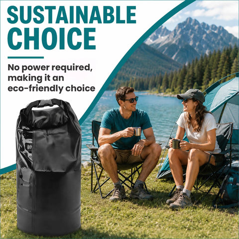 Grab And Go Portable Travel Washing Machine With Retractable Clothesline For Hotels Cruises And Camping Easy Manual Hand Wash Bag by a lake with campers.