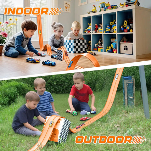 Children playing with Flexible 15ft Race Track Starter Set With Suction Cups Roll Up Portable Track For Diecast 1 64th Cars