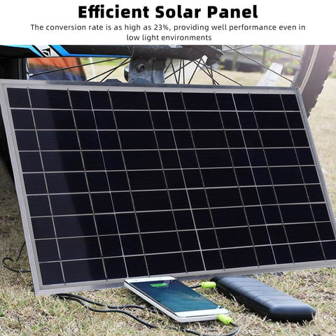 100 Watt Solar Panel Kit For Off Grid Power On The Go, connected to devices, showcasing USB Type C DC Outputs, high efficiency 23 percent panel in use