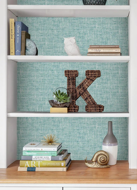 Bookshelf with Blue Aqua Poplin Texture Peel And Stick Wallpaper For Smooth Surfaces, Repositionable And Removable With No Residue