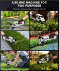 Cordless Hedge Trimmer And Grass Shear Combo With A 5.3 Inch Wide Blade Dual Battery Pack in use on various garden bushes and edges