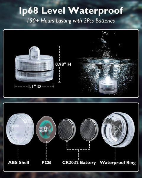 Mini Submersible LED Lights With Remote RGB Multicolor Waterproof Tealight Candles showing waterproof features and components