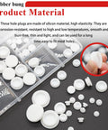 80 Piece Silicone Hole Plug Set For DIY Projects Do It All With Assorted Hole Sizes One Fifth Inch One Quarter Inch Three Eighths Inch One Half Inch Five Eighths Inch Three Quarters Inch One Inch In Clear Storage Box with plugs shown in hand and storage compartments.