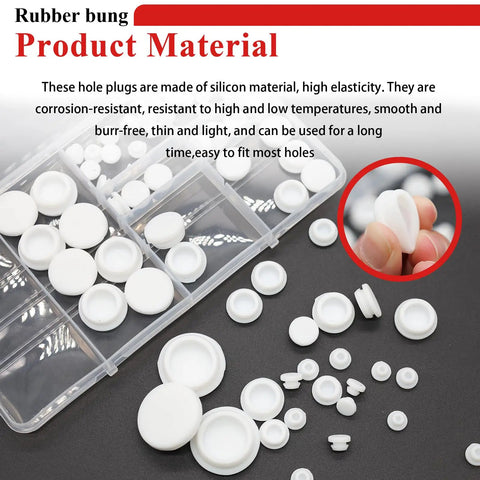 80 Piece Silicone Hole Plug Set For DIY Projects Do It All With Assorted Hole Sizes One Fifth Inch One Quarter Inch Three Eighths Inch One Half Inch Five Eighths Inch Three Quarters Inch One Inch In Clear Storage Box with plugs shown in hand and storage compartments.