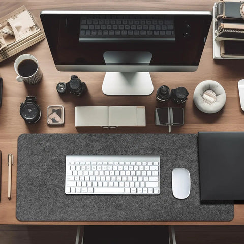 Massive Felt Desk Mat 40x16 Inches Non Slip Full Desk Mouse Pad For Computer Keyboard Setup Office And Gaming Desk Protector Premium Felt Desk Pad 100x40cm For Smooth Mouse Tracking And Desk Surface Protection on a wooden desk with computer, keyboard, and mouse.