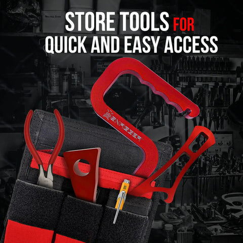 Close-up of Firefighter Pocket Tool Organizer Pouch with tools, webbing handle, and front compartments holding fire tools.
