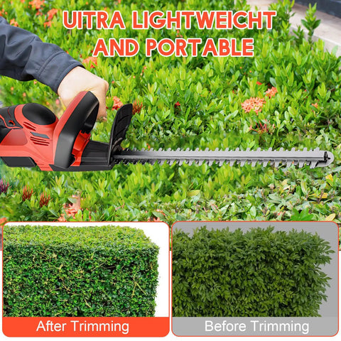 22 Inch Cordless Hedge Trimmer With Double-Action Blade, 24V Battery-Powered Yard Pruner, cutting hedge with before and after view