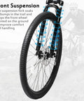 Close-up of 27.5 Inch Mountain Bike With Suspension Fork, Dual Disc Brakes, 21 Speed Shifting, For Men And Women, Blue color