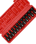 Shallow Impact Universal Joint Swivel Socket Set Three Eighths Inch Drive SAE Fractional Range From Five Sixteenths To One Inch Twelve Piece Chrome Molybdenum Steel With Flexible Wobble Heads Rugged Pro Grade Build in red case