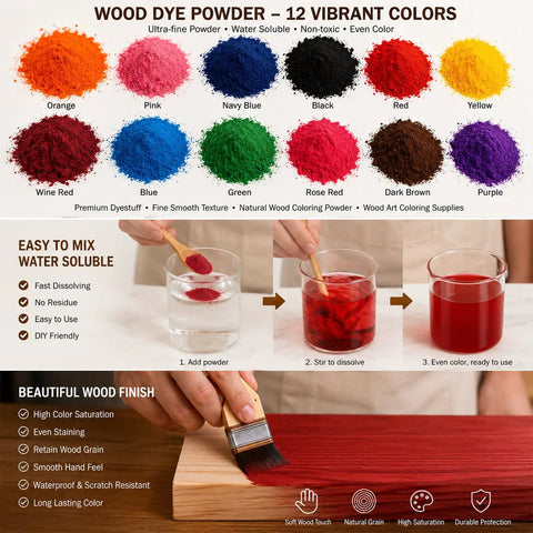 Kick Up Your Craft Game With This No Sweat Wood Stain Powder Yielding Five Vivid Hues Fast Dry Formula And Simple Indoor Outdoor Coverage For A Crisp Professional Finish, colorful wood dye powders arranged.