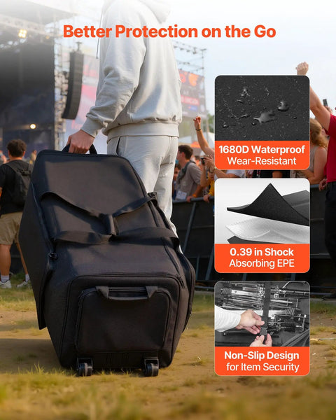 Rock Solid Drum Hardware Rolling Bag With Smooth Gliding Wheels And Extra Thick Padding For Snare Cymbal Stands And Kick Drum Pedals. Close-up of durable, waterproof black bag.