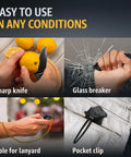 Collage showing Beefy Everyday Carry Folding Knife For Men With Sharp Blade And Glass Breaker Pocket Clip Camping Gear 6495B