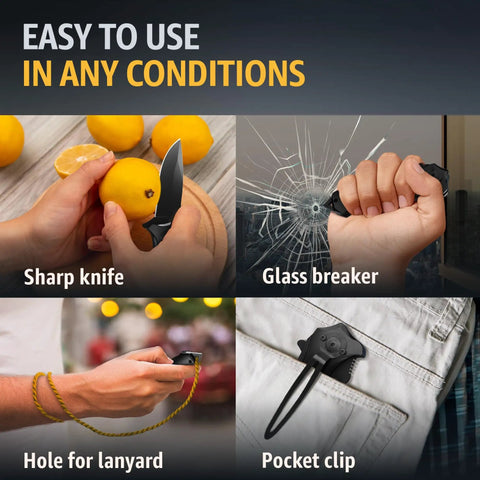 Collage showing Beefy Everyday Carry Folding Knife For Men With Sharp Blade And Glass Breaker Pocket Clip Camping Gear 6495B