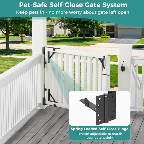 Heavy Duty Self Close Wooden Gate Hardware Kit Featuring Adjustable Tension Spring Hinge with pet-safe design in wooden fence.