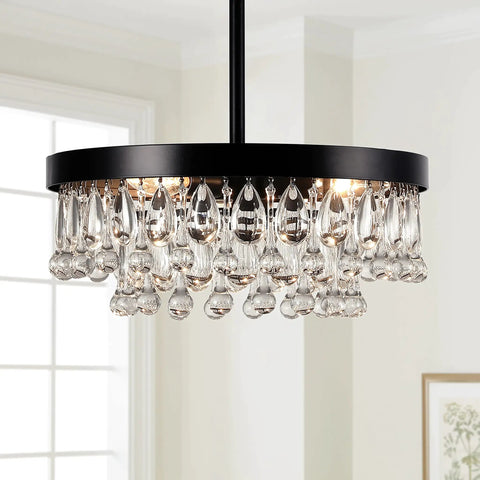 Vintage Black Crystal Drops Close-To-Ceiling Round Tiered Chandelier Flush Mount For Bedroom Kitchen Hallway Dimmable 3-Light 120W E12 Lighting Fixture Large 15 Dia Modern Farmhouse Style Dope Look featuring clear crystal drops and black metal frame.