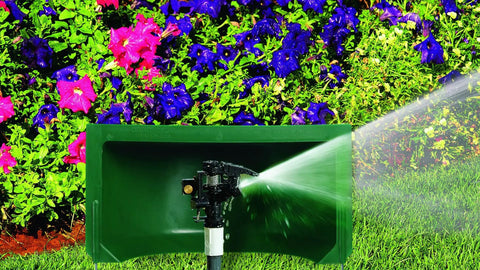 Sprinkler Overspray Guard For Lawns, Splash Shield For Underground Irrigation, Durable Plastic Guard in garden setting