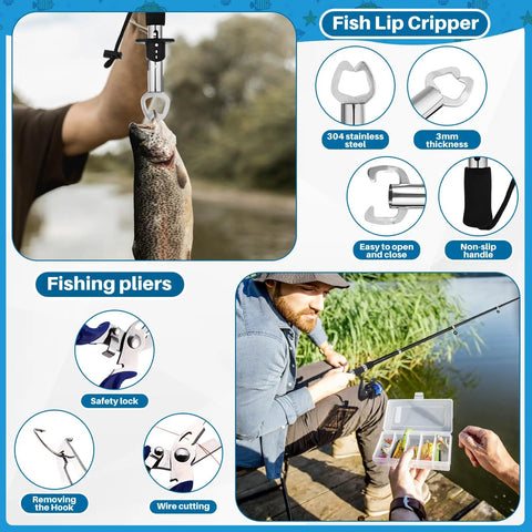 Two Piece Telescopic Fishing Rod And Reel Combo With Preloaded Spinning Reels shown in use with fish lip gripper and pliers