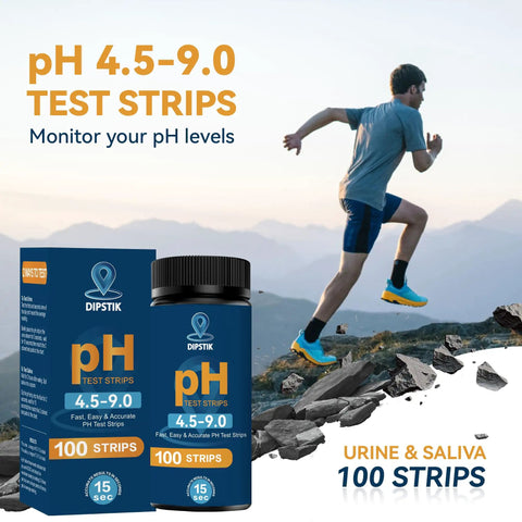 Easy At Home PH Test Strips For Urine And Saliva, 100 Paper Strips packaging with person running in the background.