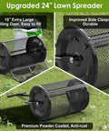 24 Inch Compost And Top Dressing Spreader For Lawns With Peat Moss Capabilities, Adjustable 3 Height Settings, 2 In 1 Push Or Tow Design, Powder Coated Metal Mesh Top, Side Latches, Ideal For Large Yards And Farms shown in three angles on grass.