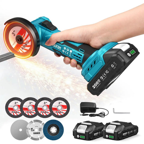 Cordless Mini Angle Grinder 3 Inch Brushless, 19000 RPM, 21V 2.0Ah Batteries, 7 Cutting Discs, 210W Power, handheld view.