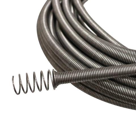 Close-up of coiled steel cable end of Easy Twist Drain Auger For Clogs Flexible 50 Ft Cable Half Inch Diameter Plumbing Tool Kit.