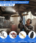 Slick Retractable Air Blow Gun With Telescoping Extension Wand And Adjustable Trigger Valve For Knocking Out Stubborn Debris Radiator Cleaning Auto Detailing And Shop Floor Cleanup Quarter Inch Npt in use under a car.