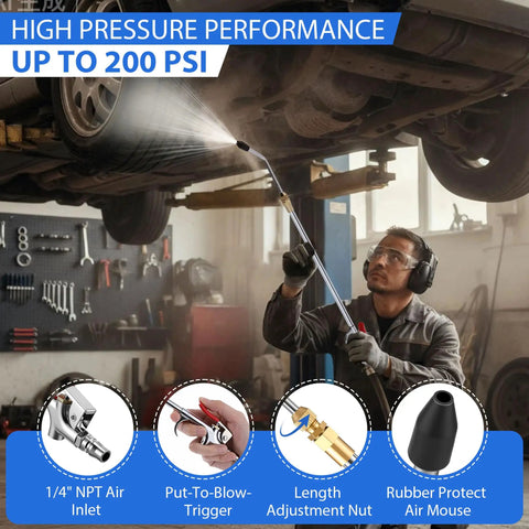 Slick Retractable Air Blow Gun With Telescoping Extension Wand And Adjustable Trigger Valve For Knocking Out Stubborn Debris Radiator Cleaning Auto Detailing And Shop Floor Cleanup Quarter Inch Npt in use under a car.