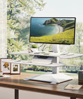 36 Inch Electric Standing Desk Converter Height Adjustable Sit Stand Workstation Riser For Home Office Ergonomic Computer Desk White with monitor and keyboard.