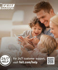 Family using tablet at home with Feit Electric 24/7 customer support information displayed