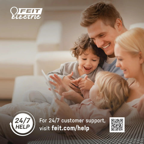 Family using tablet at home with Feit Electric 24/7 customer support information displayed
