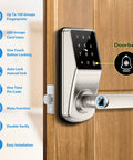 5 In 1 Dope Smart Fingerprint Door Lock For Front Door With App Control And Virtual Password Includes IC Card Fob Key And Code Bluetooth Lock For Home Office Or Garage In Satin Nickel, showing doorbell feature and control panel on wood door