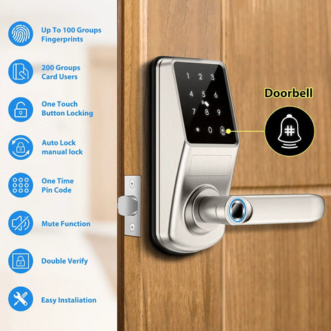 5 In 1 Dope Smart Fingerprint Door Lock For Front Door With App Control And Virtual Password Includes IC Card Fob Key And Code Bluetooth Lock For Home Office Or Garage In Satin Nickel, showing doorbell feature and control panel on wood door