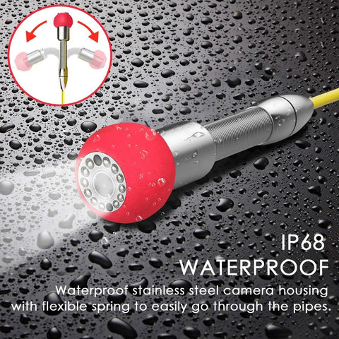 Built Like A Tank Mini Pipe Inspection Camera Head Waterproof IP68, stainless steel housing, flexible spring, water droplets.